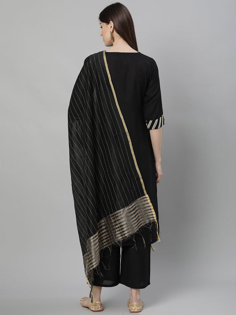 Black Cotton Solid Kurta With Palazzo And Silk Blend Woven Dupatta