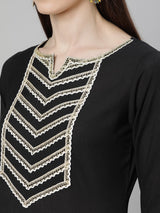 Black Cotton Solid Kurta With Palazzo And Silk Blend Woven Dupatta