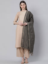 Beige Cotton Solid Kurta With Palazzo And Silk Blend Woven Dupatta
