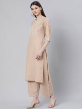 Beige Cotton Solid Kurta With Palazzo And Silk Blend Woven Dupatta