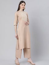 Beige Cotton Solid Kurta With Palazzo And Silk Blend Woven Dupatta