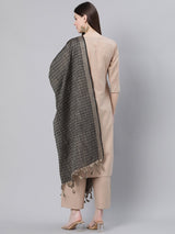 Beige Cotton Solid Kurta With Palazzo And Silk Blend Woven Dupatta