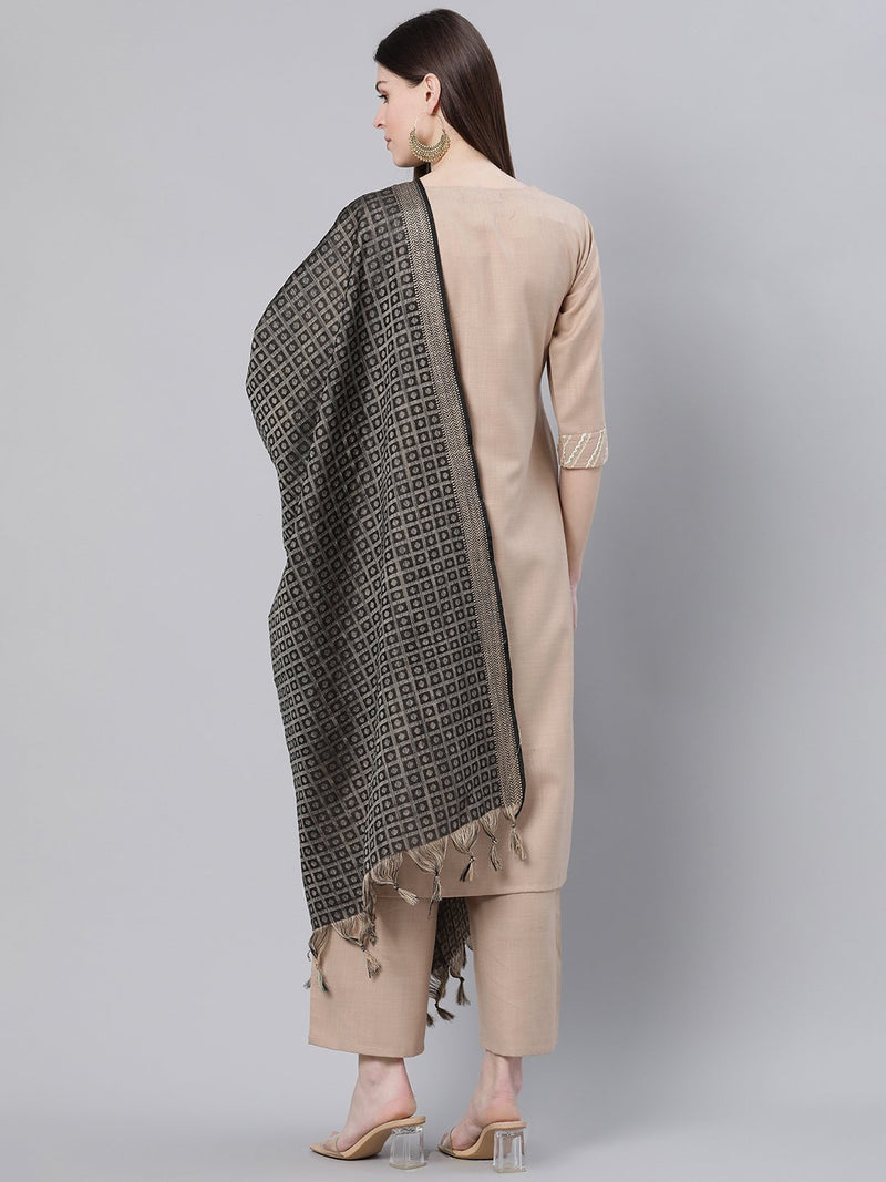 Beige Cotton Solid Kurta With Palazzo And Silk Blend Woven Dupatta
