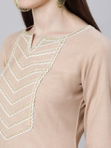 Beige Cotton Solid Kurta With Palazzo And Silk Blend Woven Dupatta