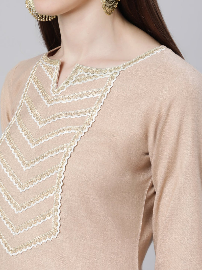 Beige Cotton Solid Kurta With Palazzo And Silk Blend Woven Dupatta