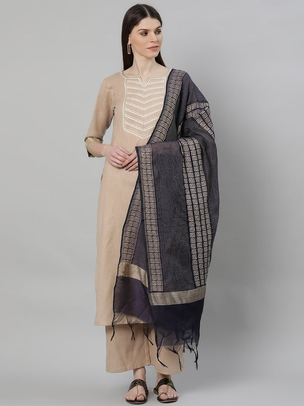 Beige Cotton Solid Kurta With Palazzo And Blue Silk Blend Woven Dupatta