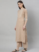 Beige Cotton Solid Kurta With Palazzo And Blue Silk Blend Woven Dupatta
