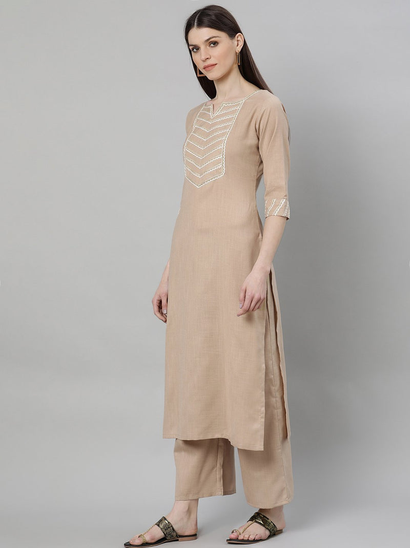 Beige Cotton Solid Kurta With Palazzo And Blue Silk Blend Woven Dupatta
