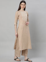 Beige Cotton Solid Kurta With Palazzo And Blue Silk Blend Woven Dupatta