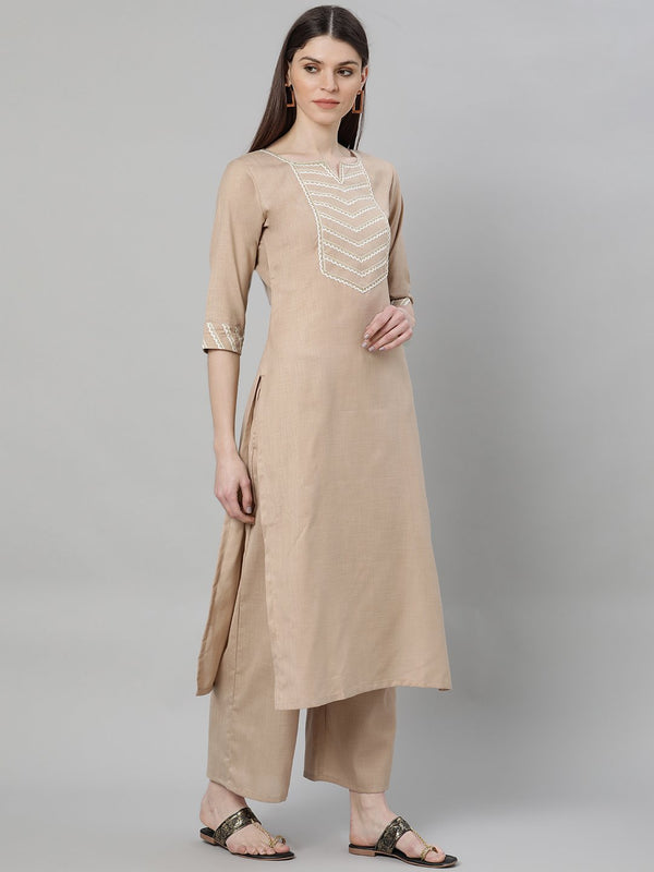 Beige Cotton Solid Kurta With Palazzo And Blue Silk Blend Woven Dupatta