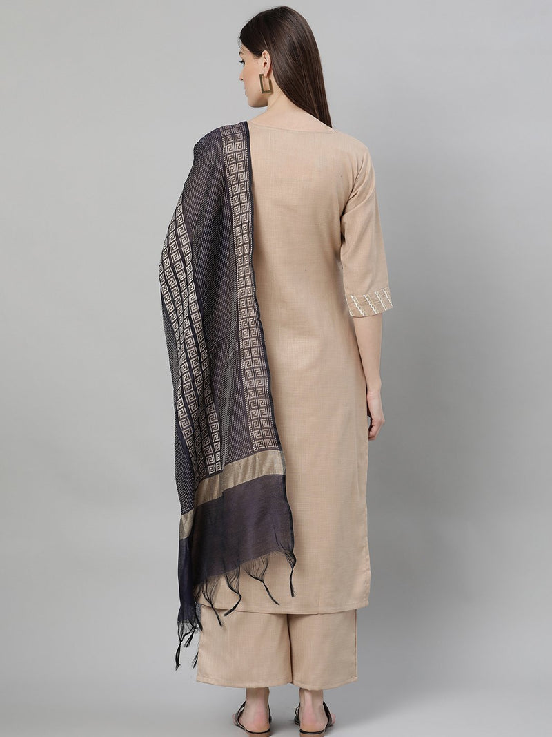 Beige Cotton Solid Kurta With Palazzo And Blue Silk Blend Woven Dupatta