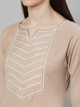 Beige Cotton Solid Kurta With Palazzo And Blue Silk Blend Woven Dupatta