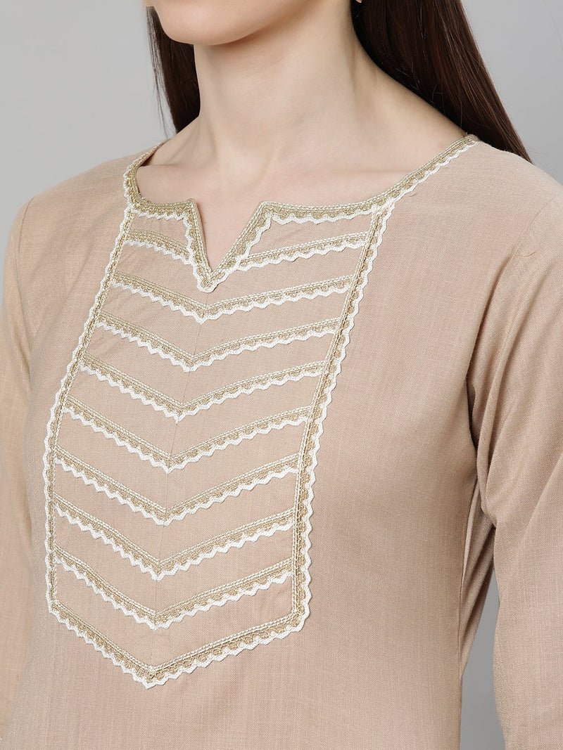 Beige Cotton Solid Kurta With Palazzo And Blue Silk Blend Woven Dupatta