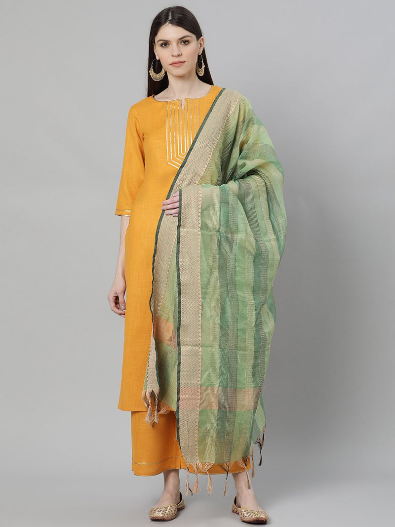Yellow Silk Solid Straight Kurta With Palazzo And Green Blend Woven Dupatta