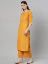 Yellow Silk Solid Straight Kurta With Palazzo And Green Blend Woven Dupatta