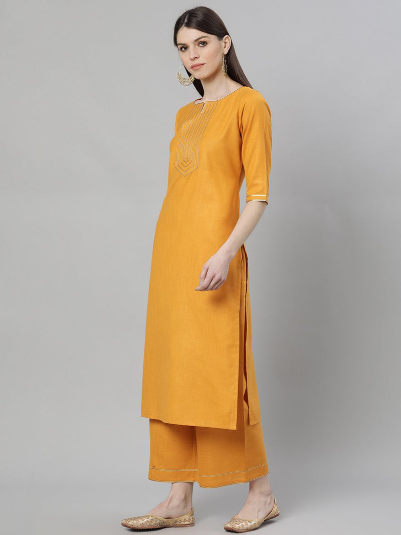 Yellow Silk Solid Straight Kurta With Palazzo And Green Blend Woven Dupatta
