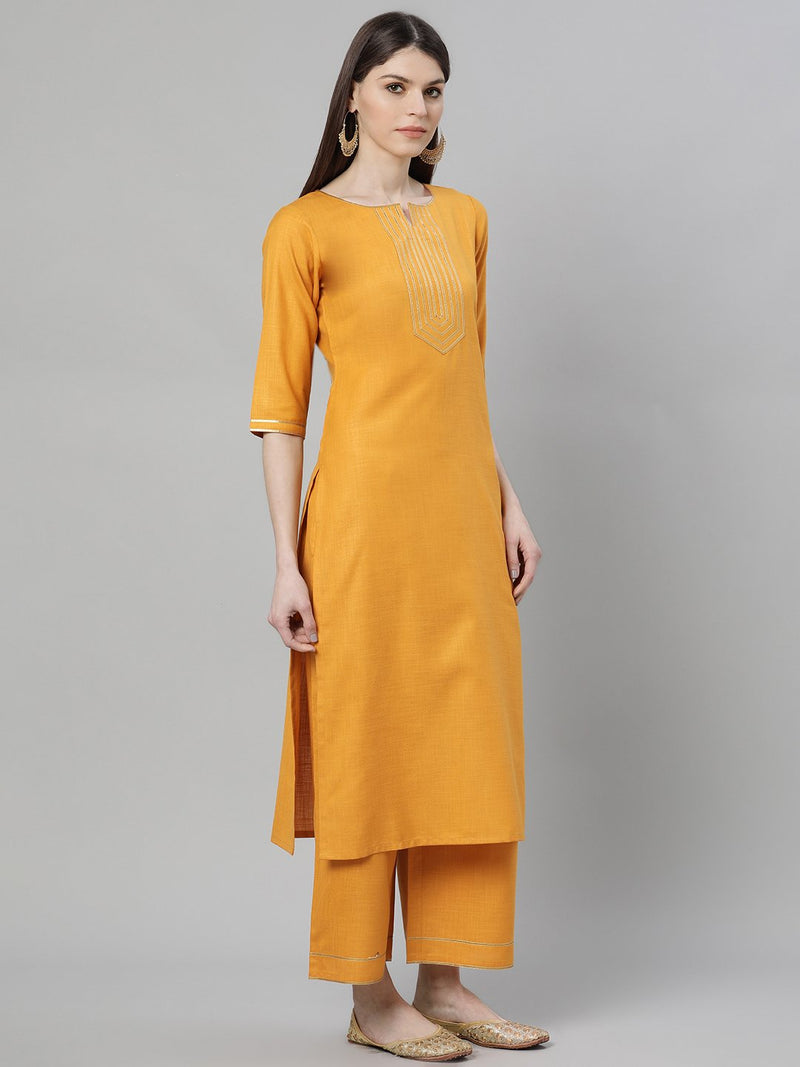 Yellow Silk Solid Straight Kurta With Palazzo And Green Blend Woven Dupatta