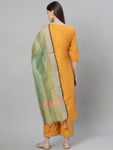 Yellow Silk Solid Straight Kurta With Palazzo And Green Blend Woven Dupatta