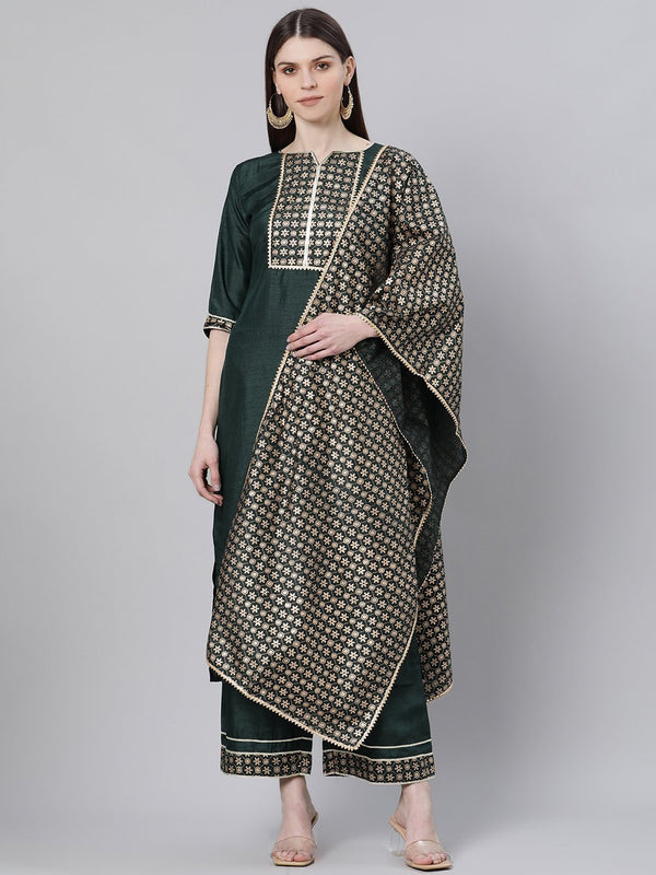 Green Silk Solid Straight Kurta With Palazzo And Printed Dupatta