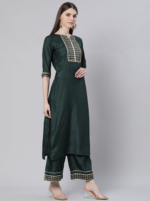 Green Silk Solid Straight Kurta With Palazzo And Printed Dupatta