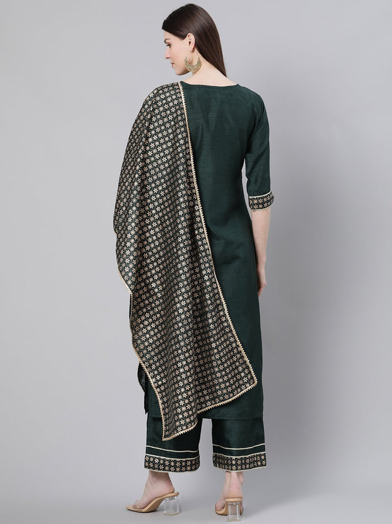 Green Silk Solid Straight Kurta With Palazzo And Printed Dupatta