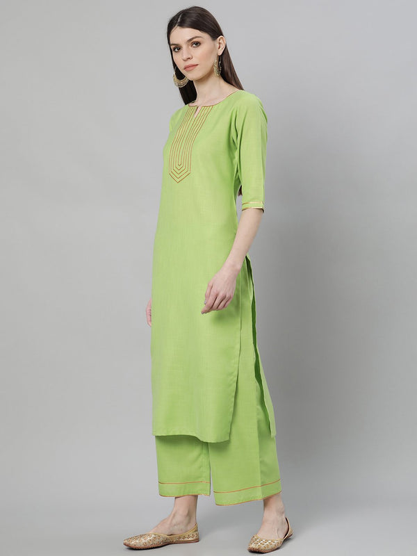 Green Self Design Cotton Suit Set