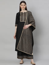Black Silk Solid Straight Kurta With Palazzo And Printed Dupatta