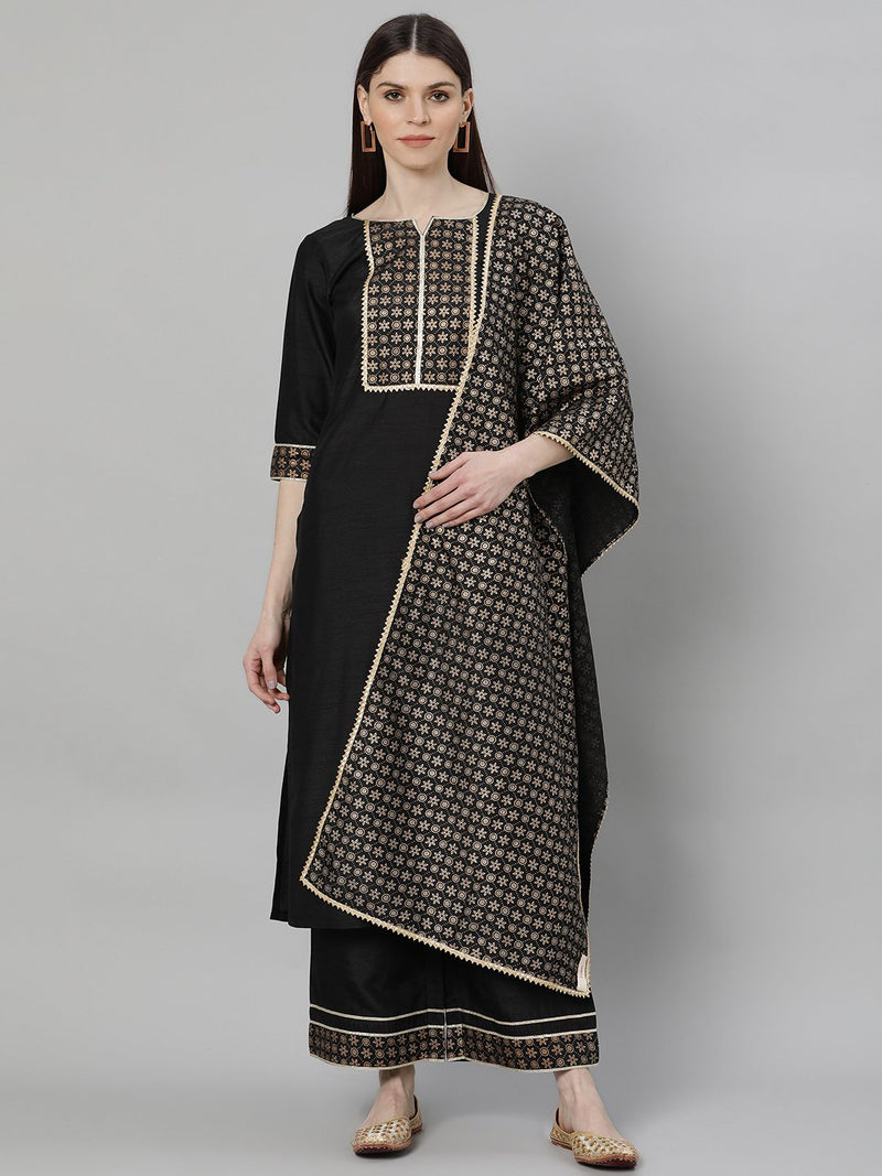 Black Silk Solid Straight Kurta With Palazzo And Printed Dupatta
