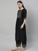 Black Silk Solid Straight Kurta With Palazzo And Printed Dupatta