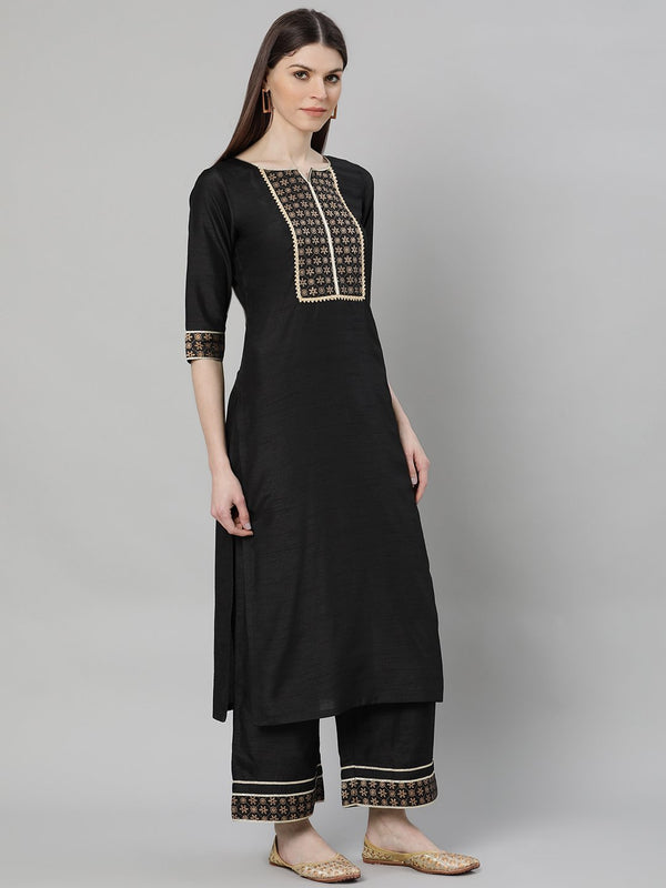 Black Silk Solid Straight Kurta With Palazzo And Printed Dupatta