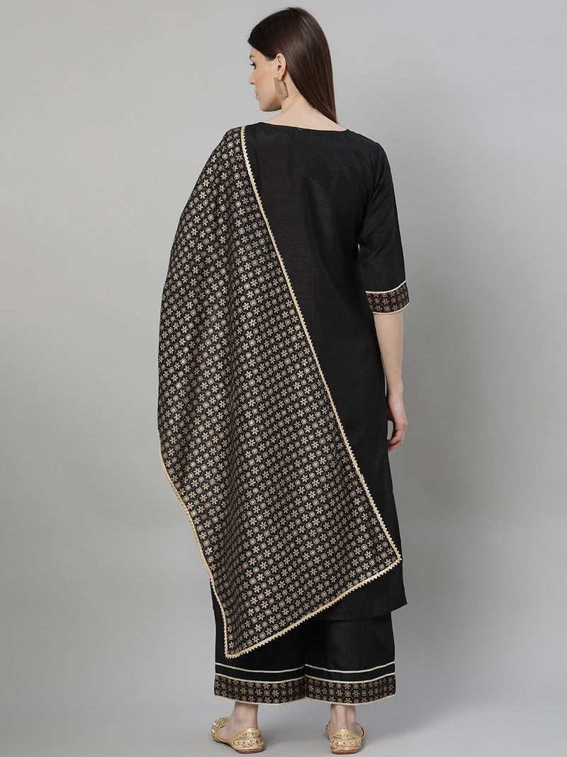 Black Silk Solid Straight Kurta With Palazzo And Printed Dupatta