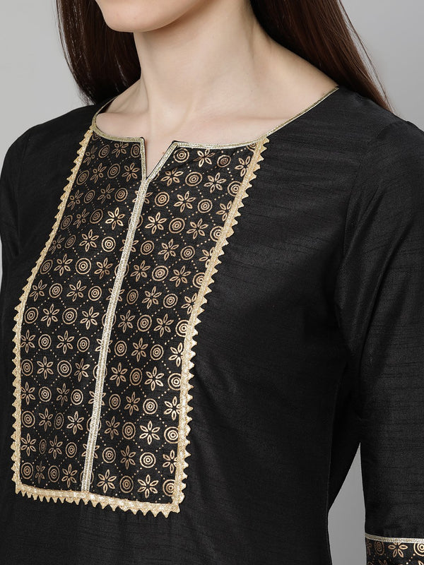 Black Silk Solid Straight Kurta With Palazzo And Printed Dupatta