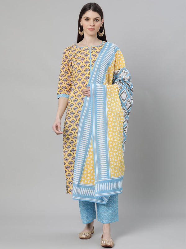 Multi Cotton Printed Kurta With Blue Palazzo And Multi Dupatta