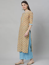Multi Cotton Printed Kurta With Blue Palazzo And Multi Dupatta