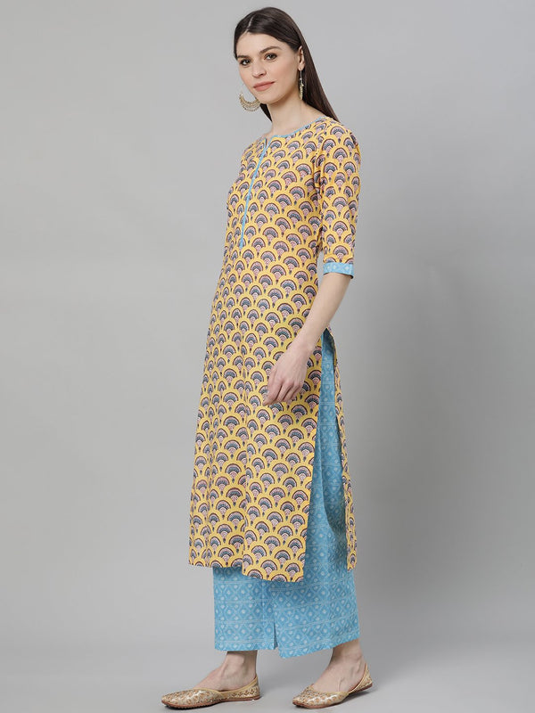 Multi Cotton Printed Kurta With Blue Palazzo And Multi Dupatta