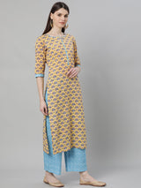 Multi Cotton Printed Kurta With Blue Palazzo And Multi Dupatta