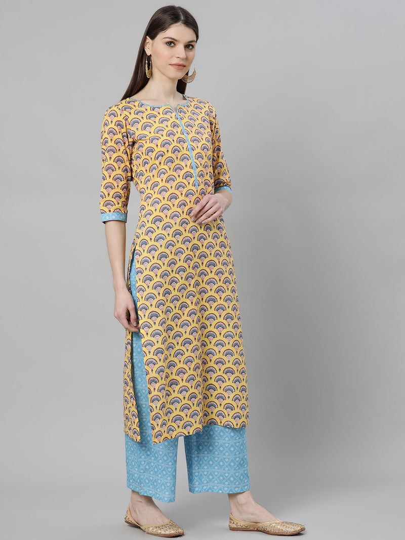 Multi Cotton Printed Kurta With Blue Palazzo And Multi Dupatta