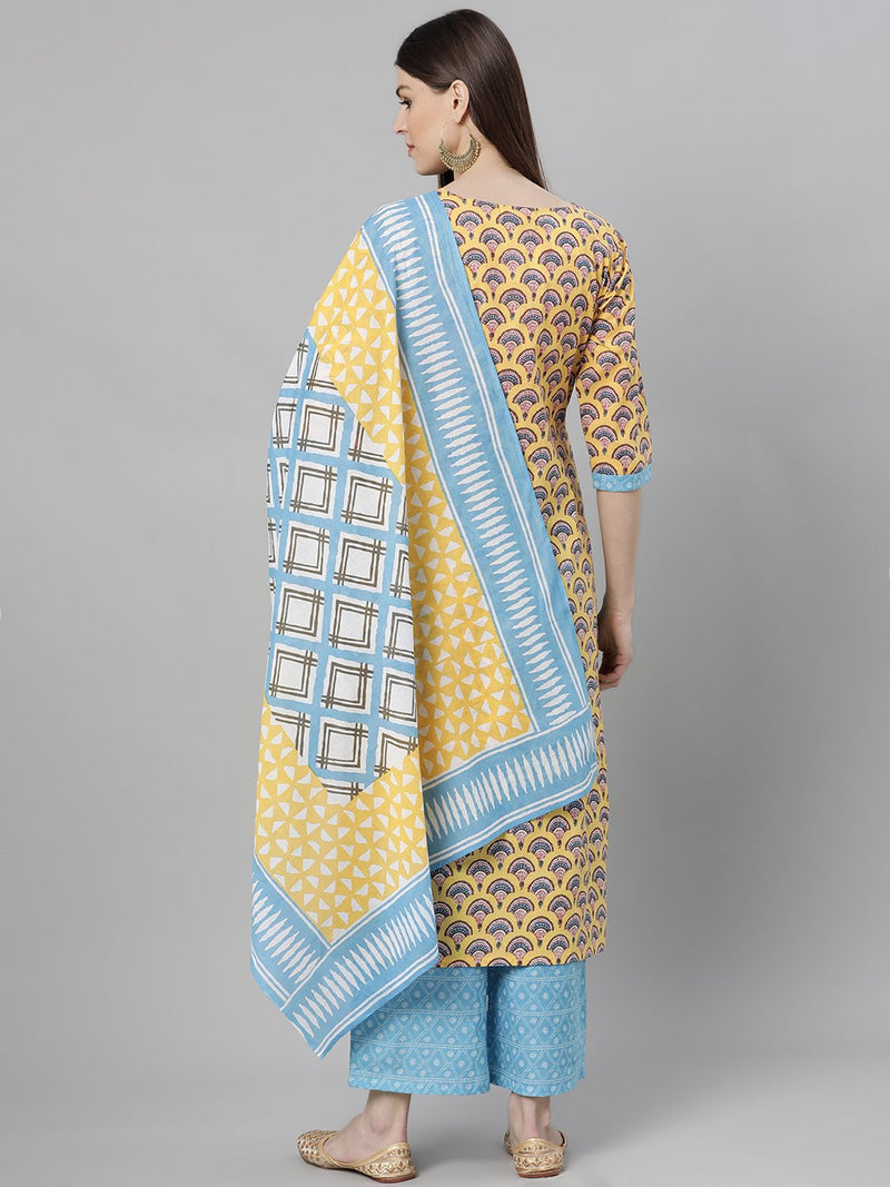 Multi Cotton Printed Kurta With Blue Palazzo And Multi Dupatta