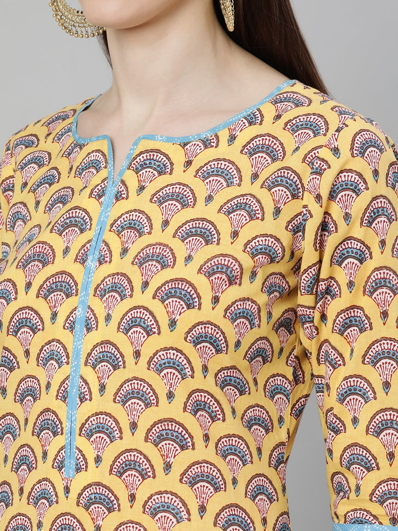 Multi Cotton Printed Kurta With Blue Palazzo And Multi Dupatta