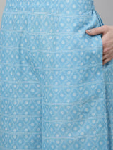 Multi Cotton Printed Kurta With Blue Palazzo And Multi Dupatta