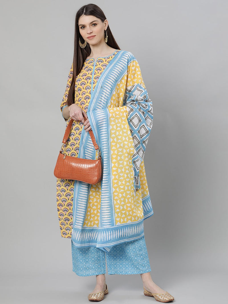Multi Cotton Printed Kurta With Blue Palazzo And Multi Dupatta