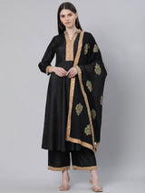 Black Silk Solid A-line Kurta With Palazzo And Cotton Printed Dupatta