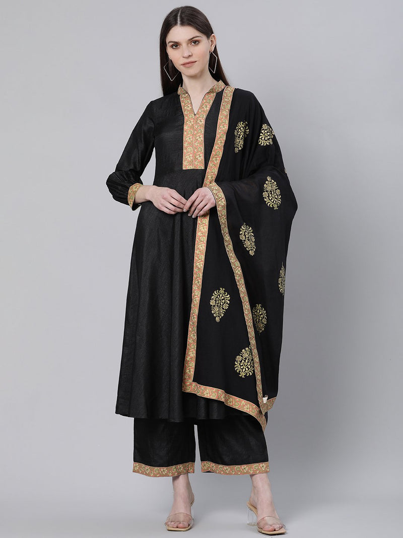 Black Silk Solid A-line Kurta With Palazzo And Cotton Printed Dupatta