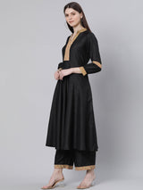 Black Silk Solid A-line Kurta With Palazzo And Cotton Printed Dupatta