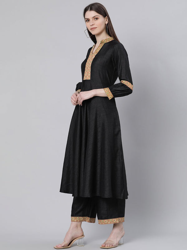 Black Silk Solid A-line Kurta With Palazzo And Cotton Printed Dupatta