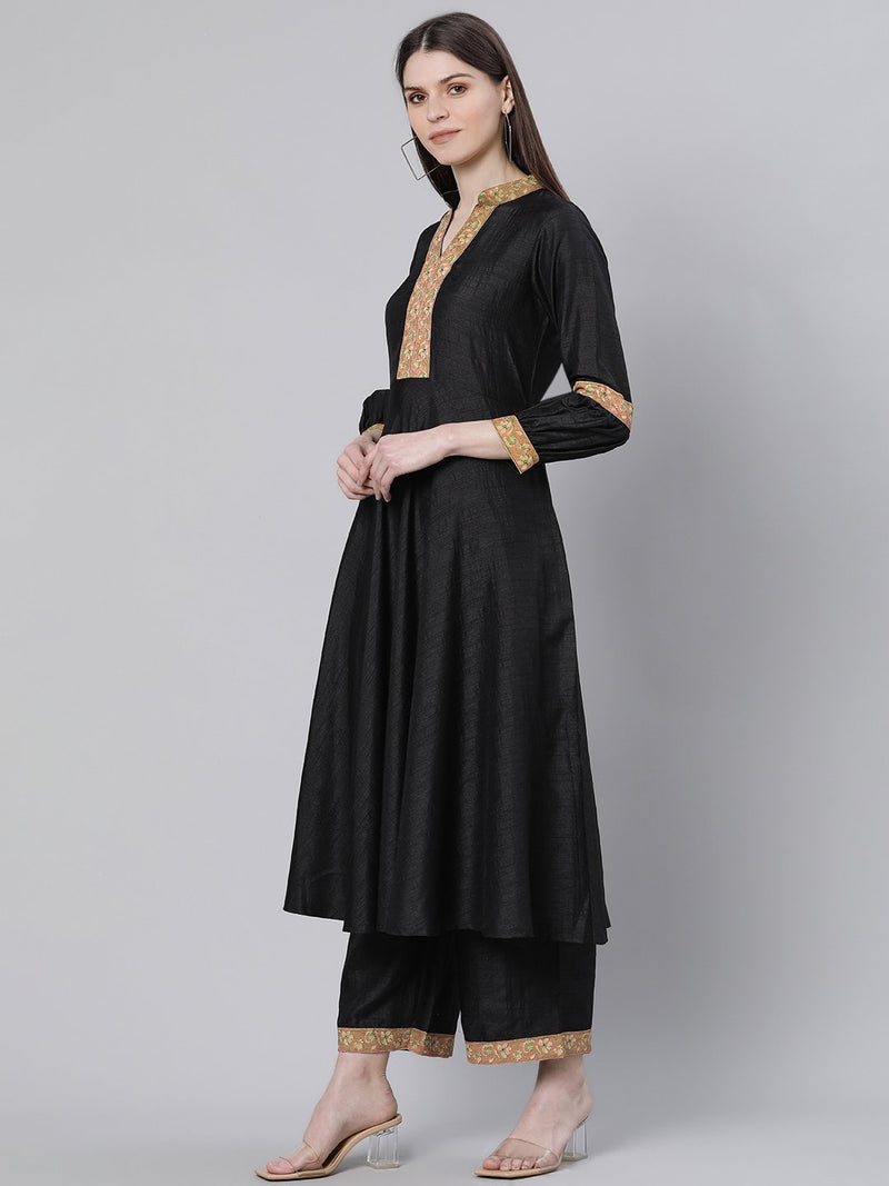 Black Silk Solid A-line Kurta With Palazzo And Cotton Printed Dupatta