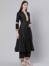 Black Silk Solid A-line Kurta With Palazzo And Cotton Printed Dupatta