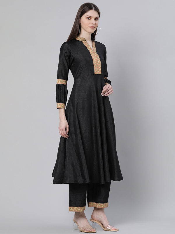 Black Silk Solid A-line Kurta With Palazzo And Cotton Printed Dupatta