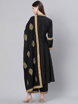 Black Silk Solid A-line Kurta With Palazzo And Cotton Printed Dupatta
