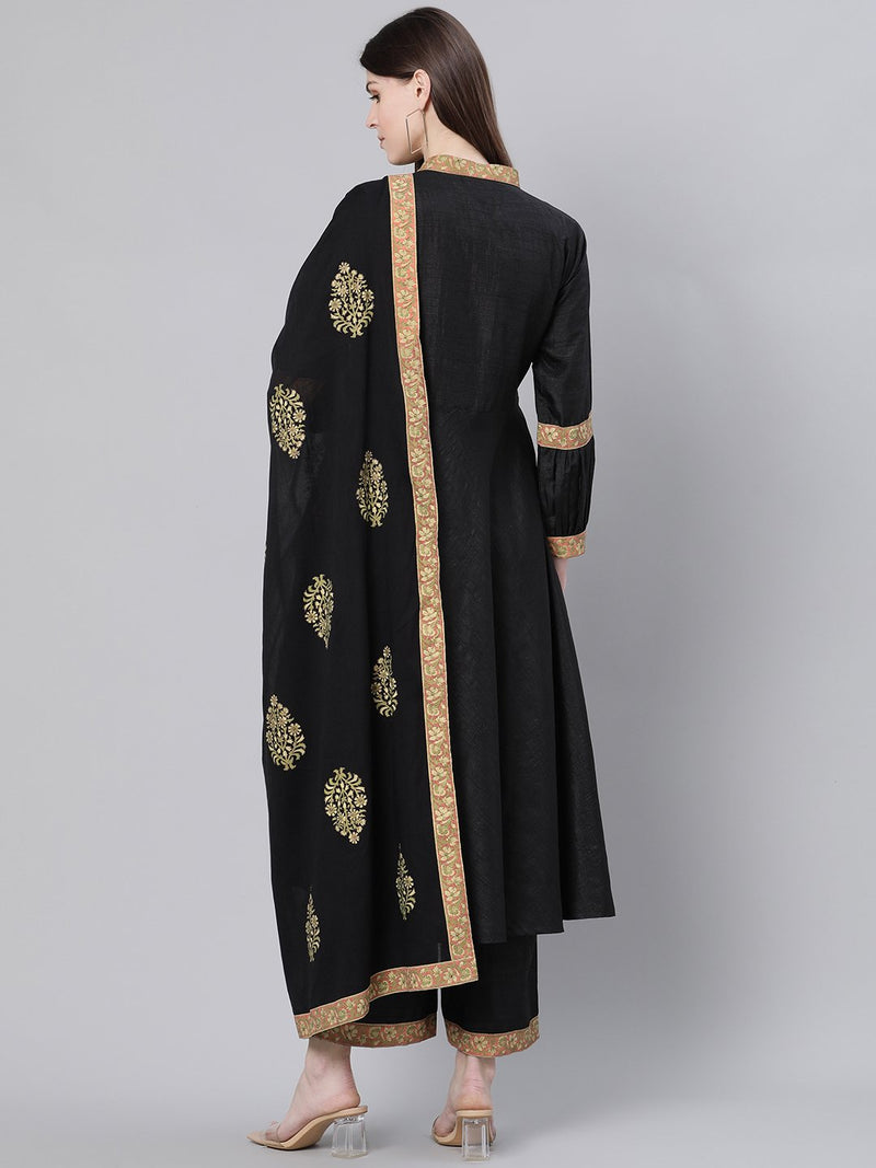 Black Silk Solid A-line Kurta With Palazzo And Cotton Printed Dupatta